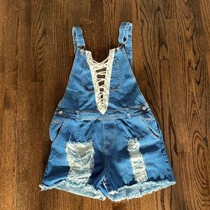 Women’s blue overall shorts size L REHAB